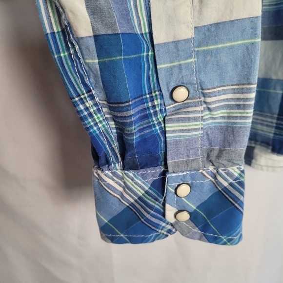 Aeropostale Western Pearl Snap Blue Plaid Men's Long Sleeve Shirt Size XL - Picture 5 of 9